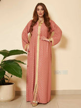 Fashion Solid Ethnic Casual Abayas Saudi Women Clothing Jalabiyat Moroccan African Kaftan Long Sleeve Gold Stamping Pink Dress